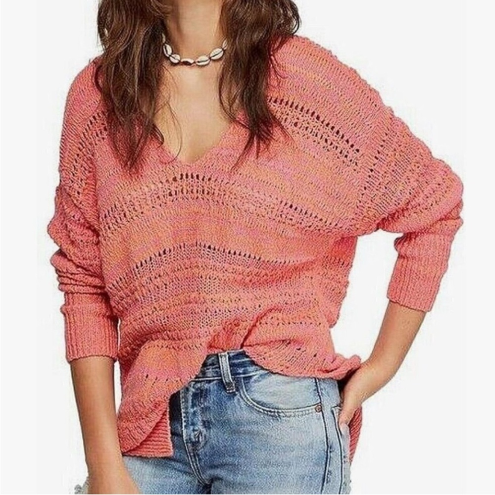 Free People Hot Tropics Oversized Sweater Women’s Medium Pink Crochet Knit